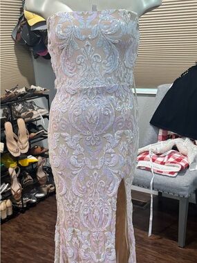 Beaded Lace Illusion Evening Gown in Nude and Iridescent Pink